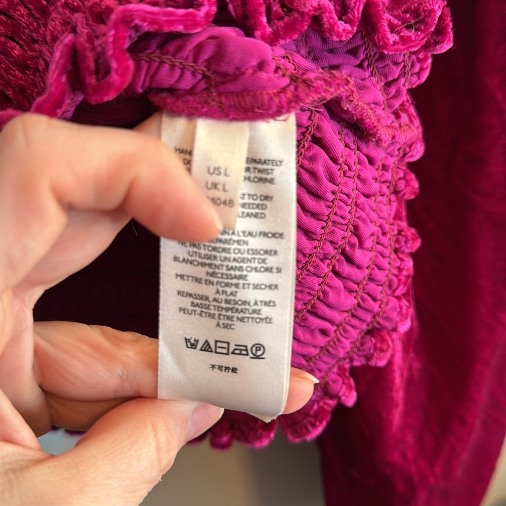 ANTHROPOLOGIE SMOCKED PUFF SLEEVE RASPBERRY VELVET TOP LARGE - Picture 7 of 9